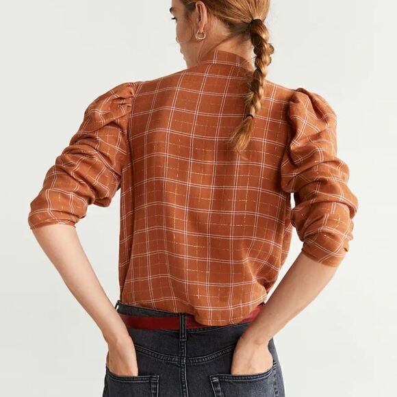 MANGO ORGANIC COTTON BLOUSE BROWN TAN CHECK PRINT GOLD METALLIC THREAD NWT SMALL - Picture 6 of 16
